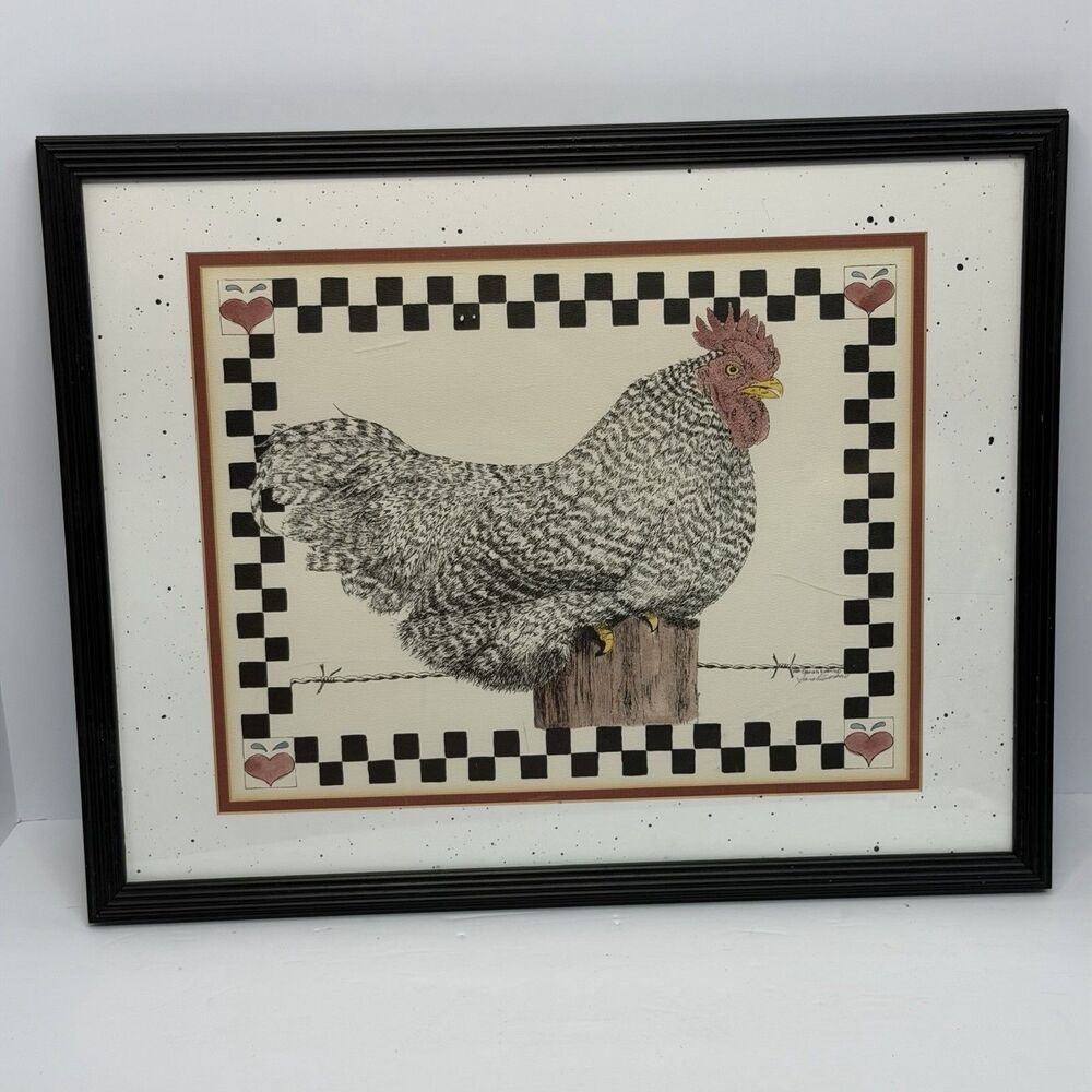 1989 Sarah Evans Signed Chicken Folk Art Print Framed Country Farmhouse 19.5"